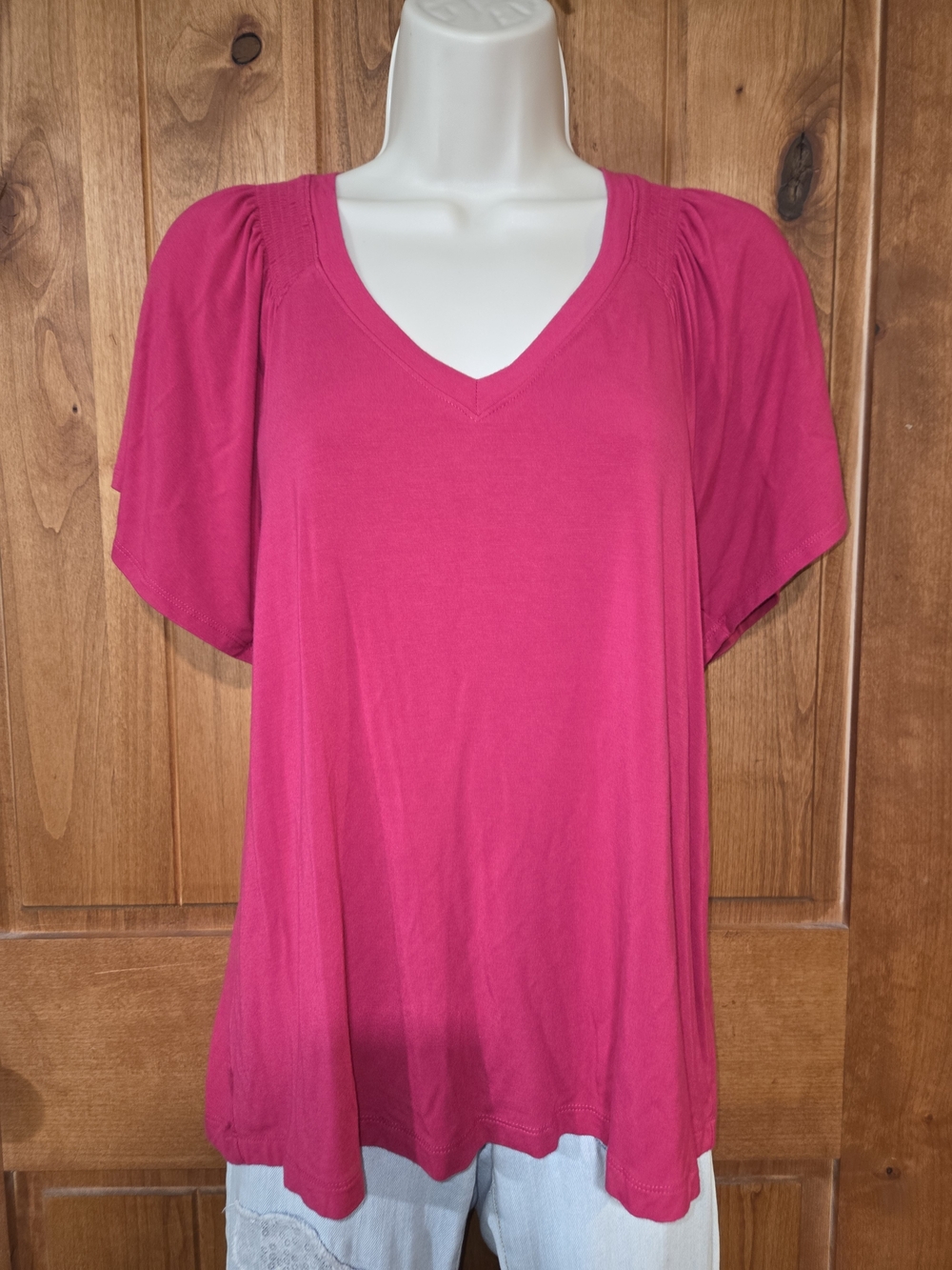 Liverpool Bright Pink V-Neck Flutter Sleeve Top